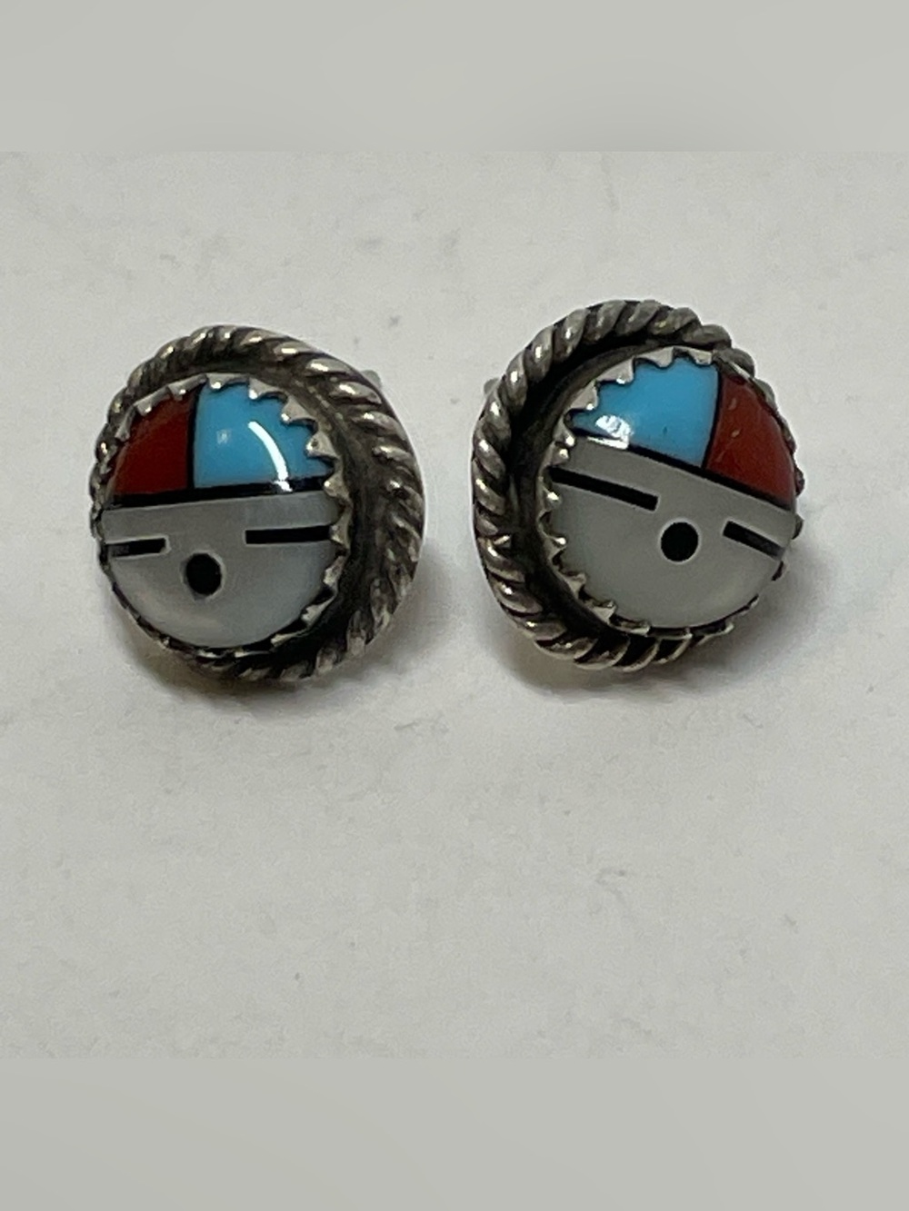 Navajo Signed Zuni Inlay Turquoise Sterling Silver 925 Sunface Stud Earrings